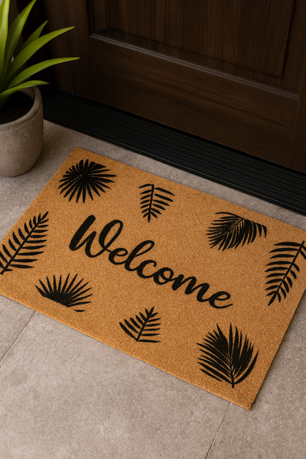 Koko Dokulu Kapı Önü Paspası - Yapraklı Welcome Yazılı, Kaymaz Tabanlı, 45x70 cm - 1