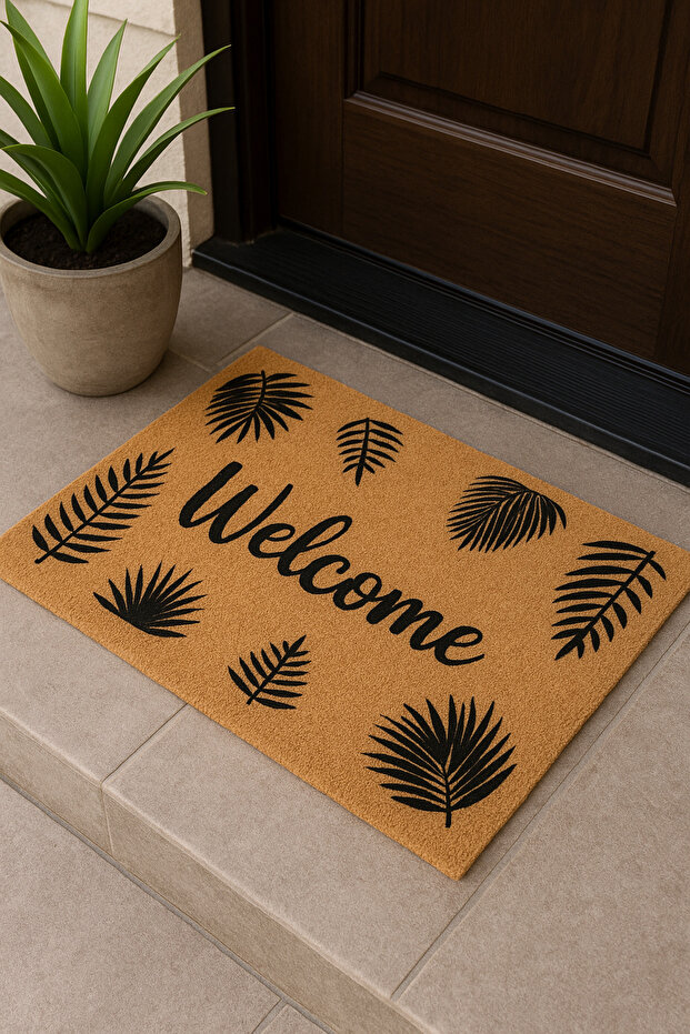 Koko Dokulu Kapı Önü Paspası - Yapraklı Welcome Yazılı, Kaymaz Tabanlı, 45x70 cm - 2