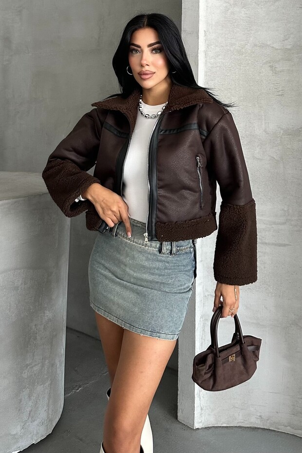 Women's Plush Detailed Crop Biker Faux Leather Coat