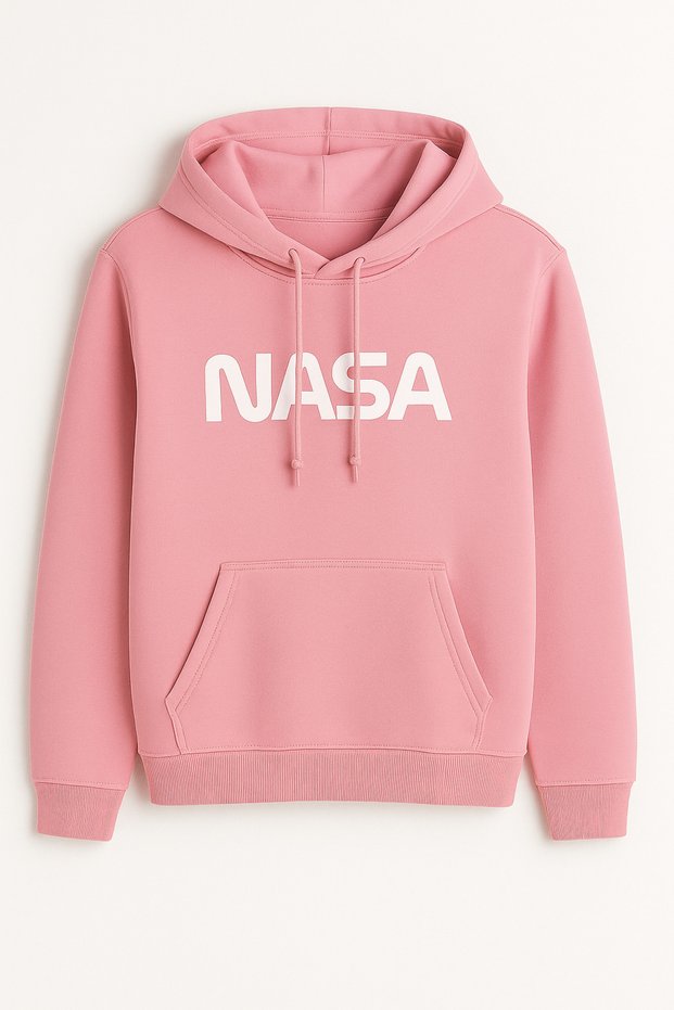 Nasa Printed White Hooded Sweatshirt - Kangaroo Pocket - 3 Thread Ruched Unisex Comfortable Hoodie