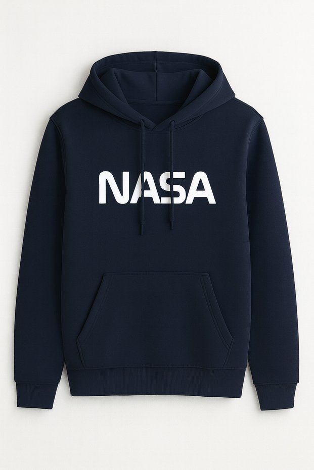 Nasa Printed White Hooded Sweatshirt - Kangaroo Pocket - 3 Thread Ruched Unisex Comfortable Hoodie