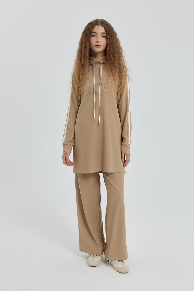 Logolu Örme Pantolon Tunik Takım Camel - 1