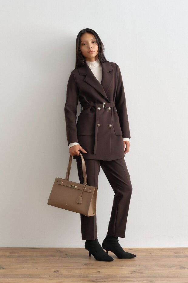 Belted Double-Breasted Jacket Brown - 1