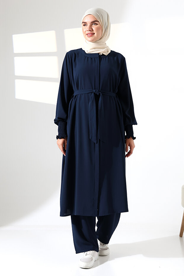 Women's Linen Hajj and Umrah Clothing Belted Hijab Two-Piece Set - Navy Blue