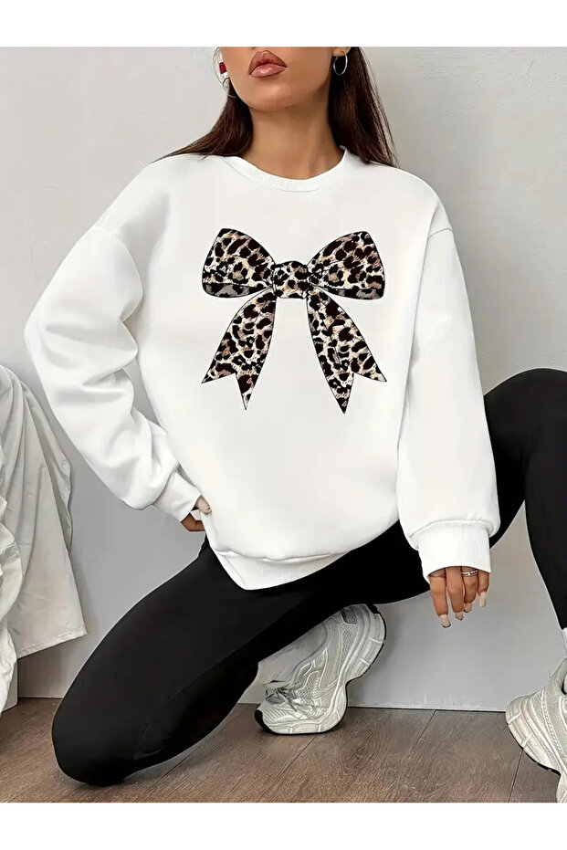 Leopard Pattern Bow Printed White Crew Neck Sweatshirt - 1