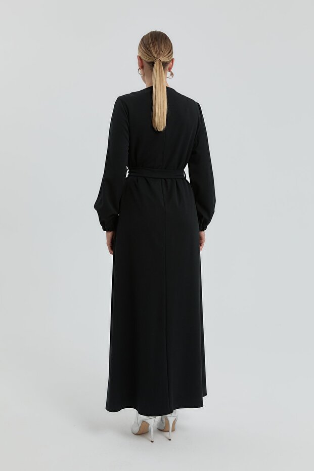 Beli Kuşaklı Basic Elbise Siyah - 6
