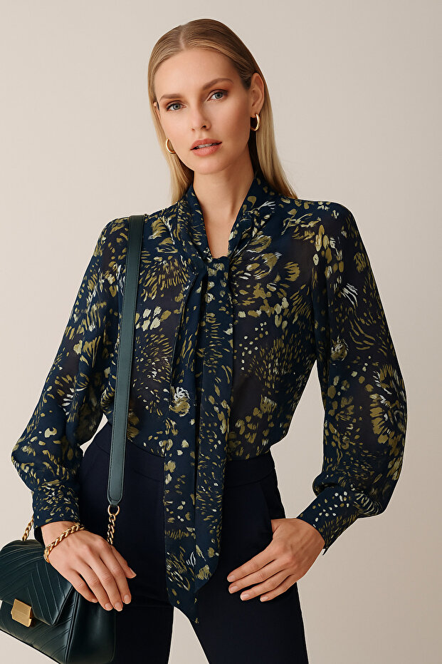 Women's Navy Blue Chiffon Blouse Shirt – Patterned Model with Scarf Detail
