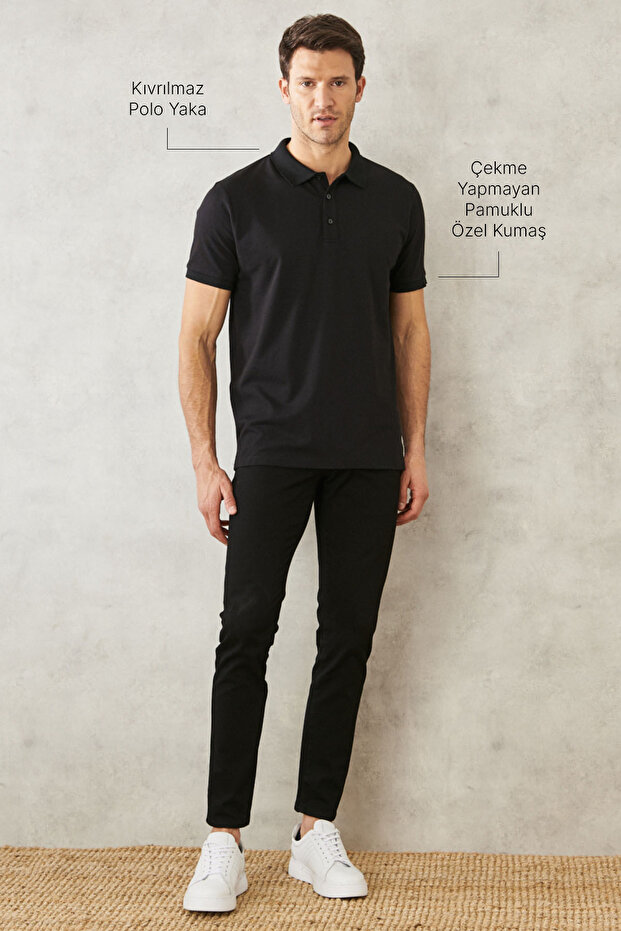 Erkek Çekmeyen Pamuklu Kumaş Slim Fit Dar Kesim Simsiyah Kıvrılmaz Polo Yaka T-shirt - 10