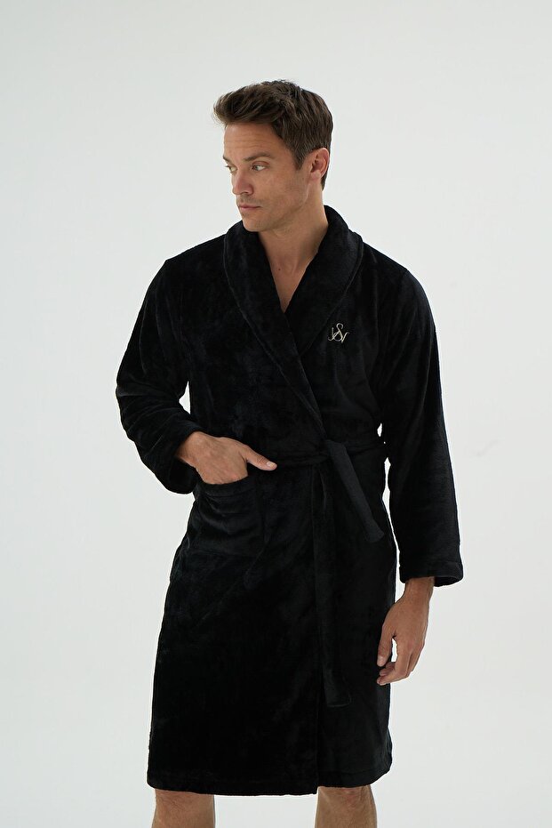 Men's Pocketed Waist-Tied Short Black Robe C4T4N69