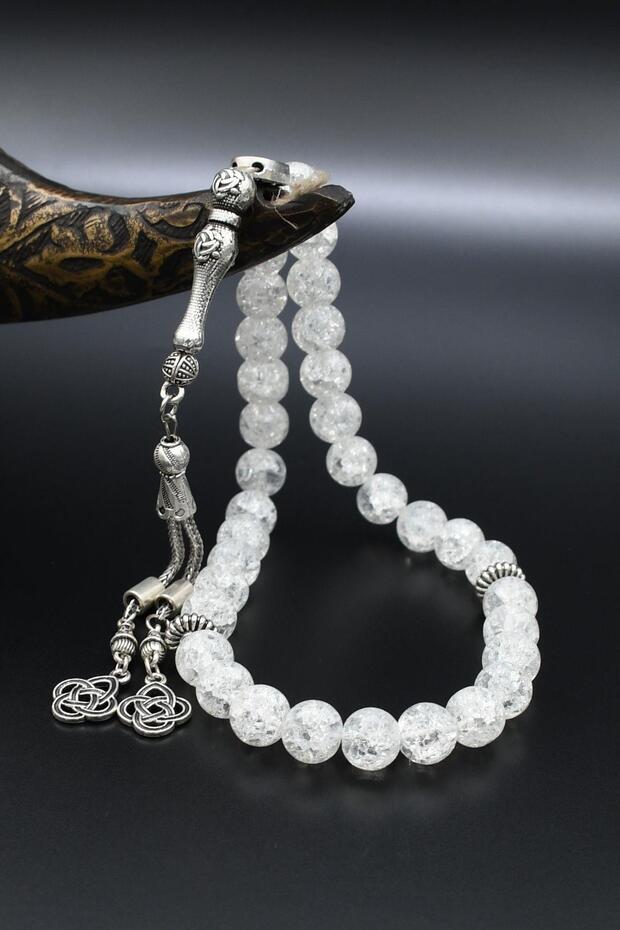 White Zircon Stone 33-Piece Prayer Beads with Metal Tassels 10mm Sphere Cut 902248