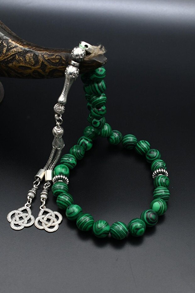 Natural Malachite Stone 33-Bead Rosary with Metal Tassel 10mm Sphere Cut 902257