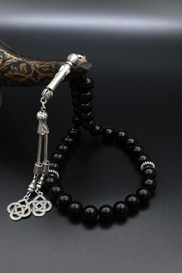 Natural Onyx Stone 33 Beads Prayer Beads with Metal Tassel 10mm Sphere Cut 902259