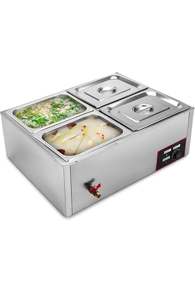 Amhuui Commercial Food Warmer with Lid, 850W Electric Steam Table 15cm/6inch Deep, 4-Pan Professiona