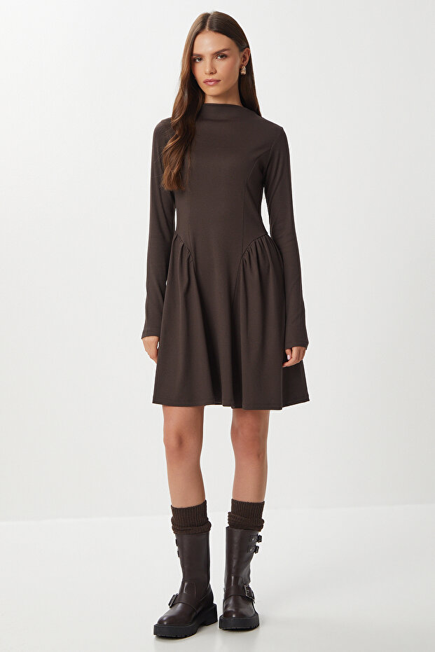 Volanlı Mini Örme Elbise LUB0237 KAHVERENGİ