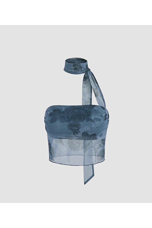 بلوزة قصيرة شفافة بحمالات تول وربطة عنق - 6