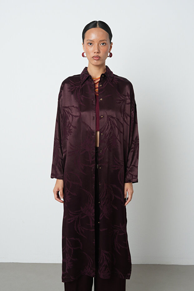 Women's Burgundy Color Leaf Patterned Long Tunic Hijab Shirt - Dress