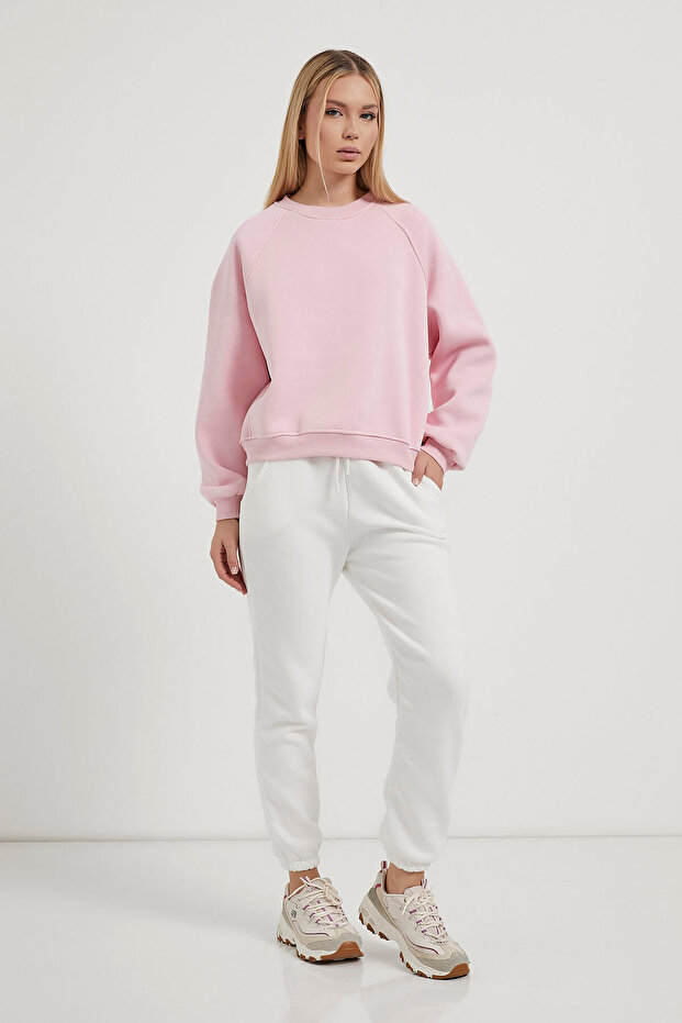 Kadın Biyeli Bisiklet Yaka Pembe Basic Sweatshirt - 2