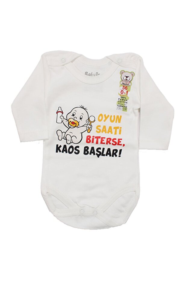 Unisex White Game over Chaos Begins When It's over Printed Long Sleeve Bodysuit