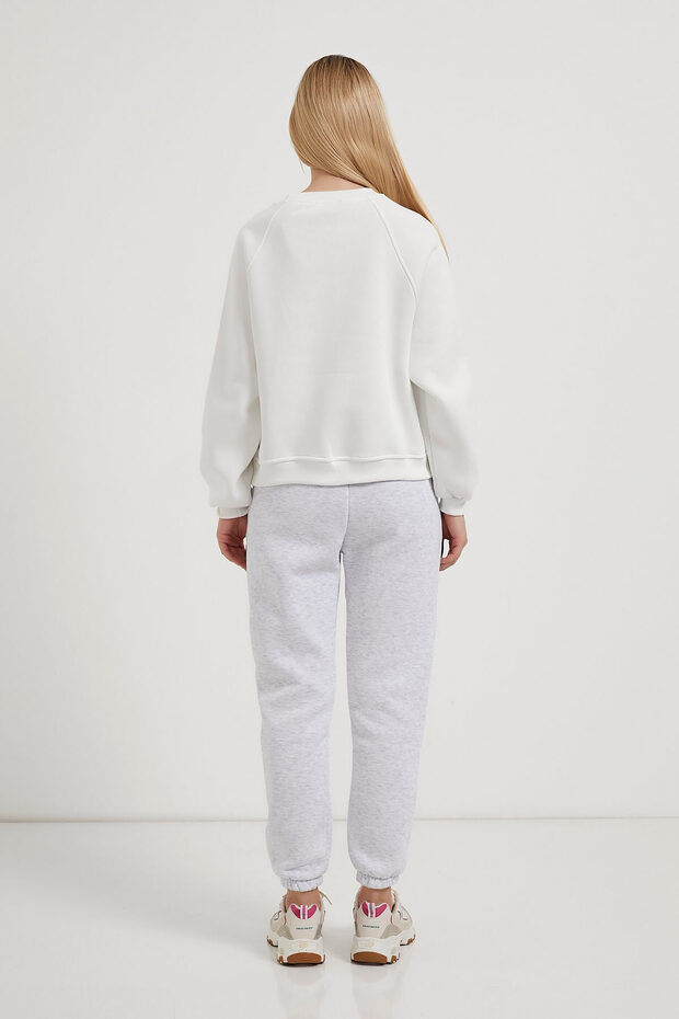 Kadın Biyeli Bisiklet Yaka Beyaz Basic Sweatshirt - 5