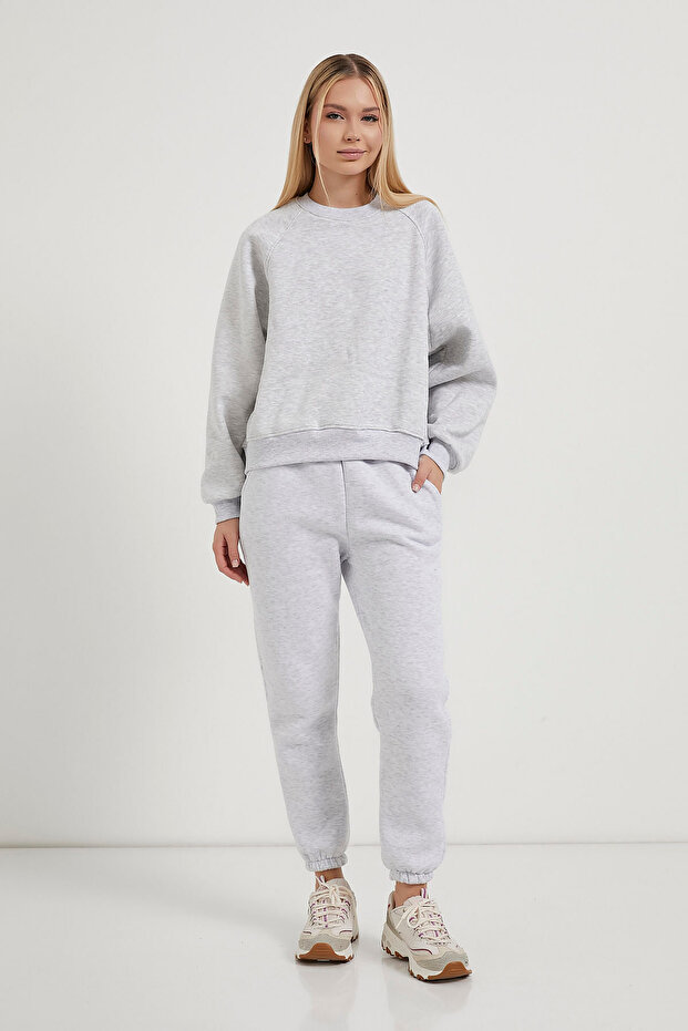 Kadın Biyeli Bisiklet Yaka Gri Basic Sweatshirt - 2