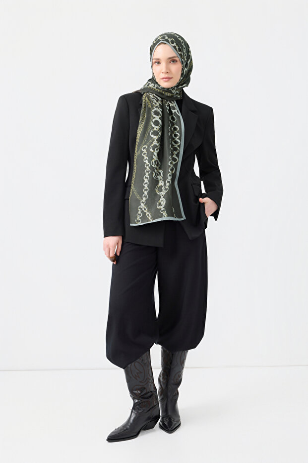 Cotton Twill Şal Loop Line Zeytin Yeşili - 2