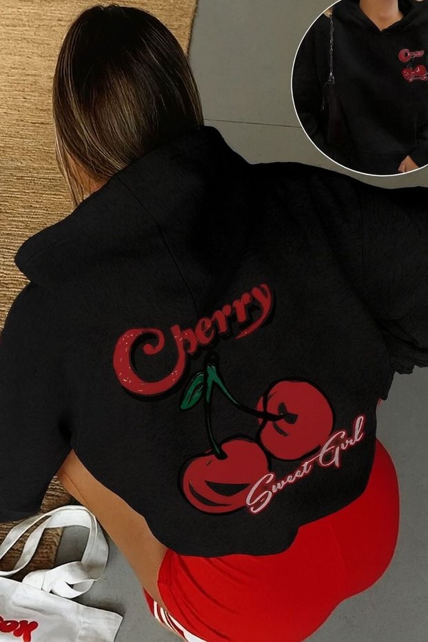 Women's Black Hooded Cherry Front and Back Printed Raised Sweatshirt