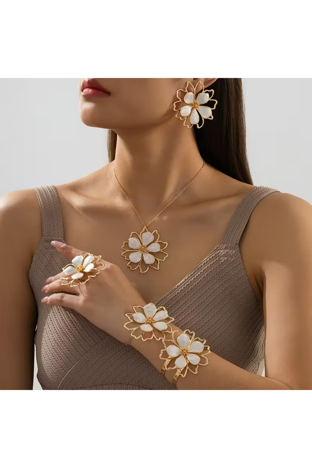 White Mineral Necklace Earrings Bracelet Set