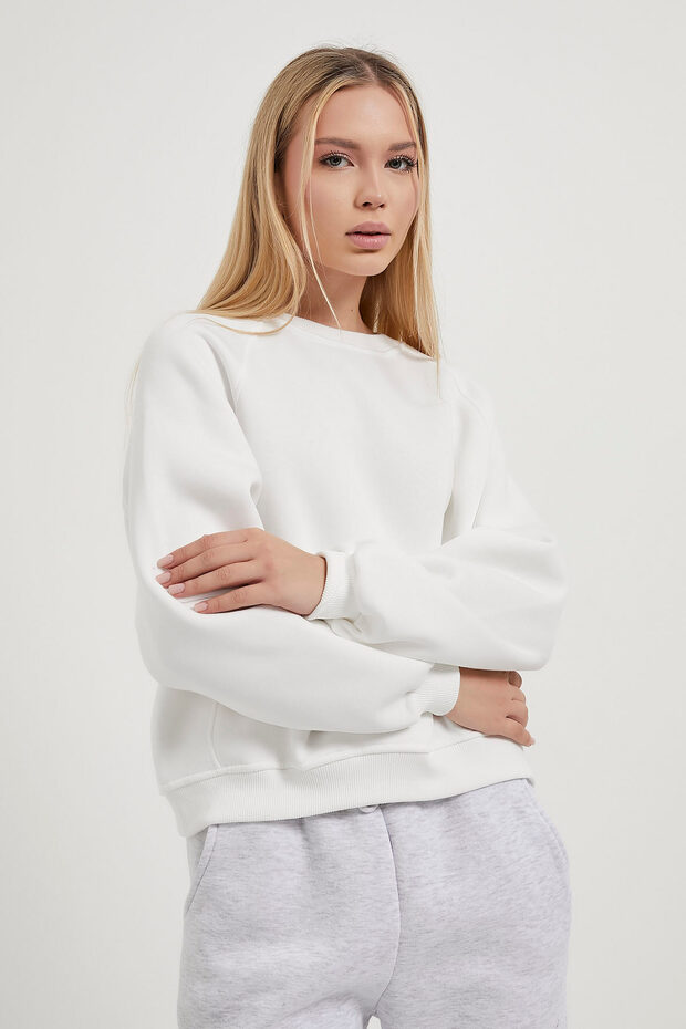 Kadın Biyeli Bisiklet Yaka Beyaz Basic Sweatshirt - 1