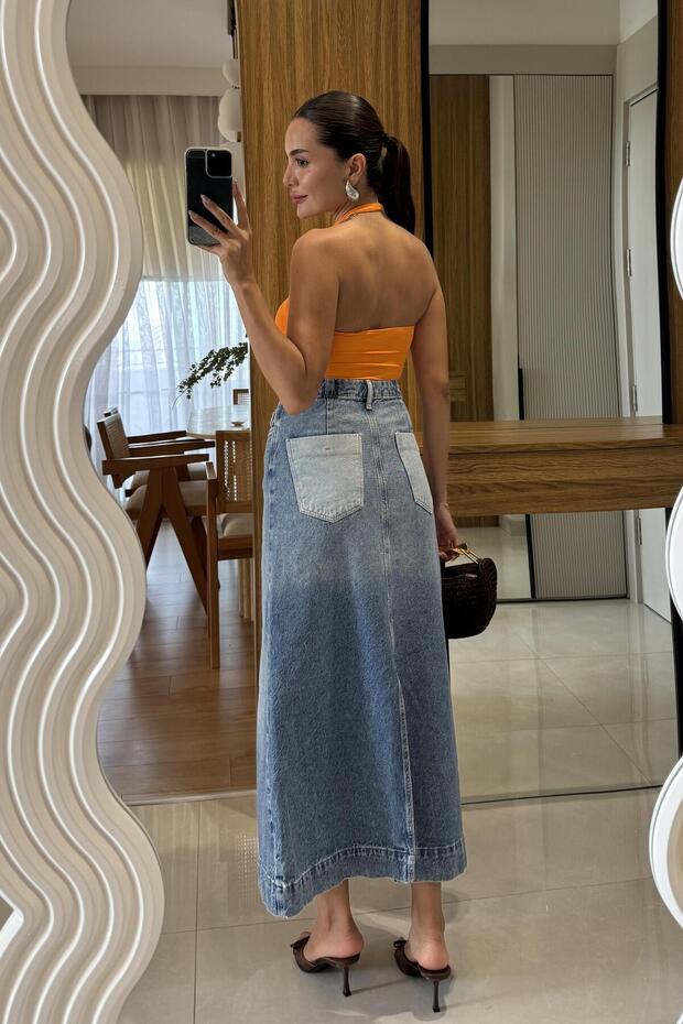 Loved Ön Dikiş Detaylı Denim Maxi Etek - 3