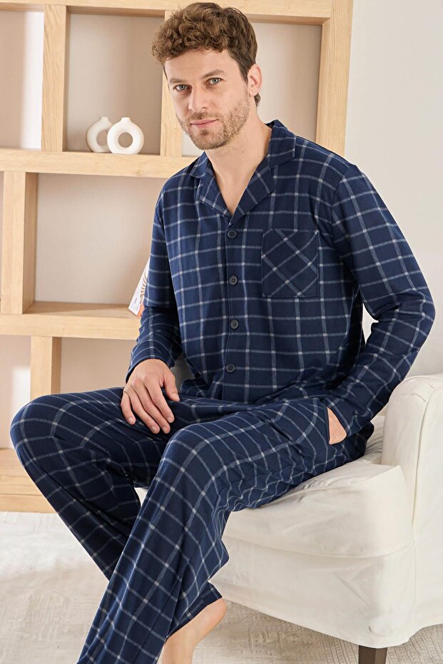 Navy Blue Plaid Patterned Buttoned Front Elegant Men's Pajama Set
