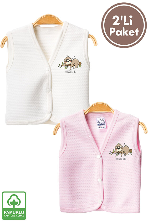 Unisex Baby Lazy Printed Organic Cotton 3-6-9 Months 2-Piece Quilted Baby Vest Set