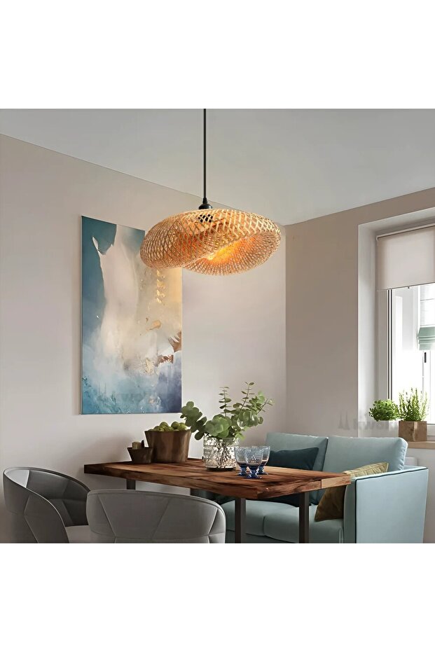 Doğal Bambu El Örmesi Avize, Elips Form Sarkıt, E27 Uyumlu, 60 cm - 5