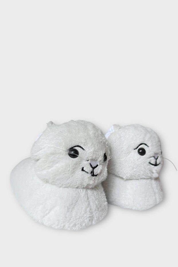 Women's Cute Cat Figured Plush Slippers White