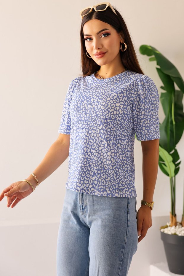 Women's Blue Leopard Print Short Sleeve Women's Blouse – Relaxed Fit and Everyday Chic – Women's Blouse