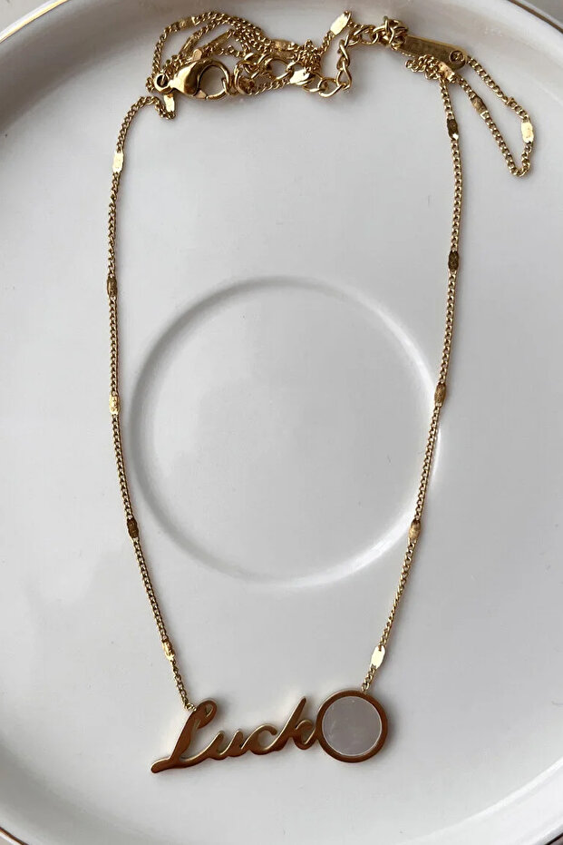 Gold Luck Written Dangle Gold Color Steel Necklace