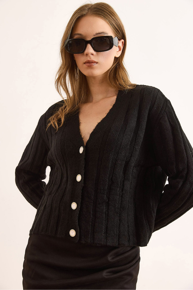 Women's Black Thick Ribbed Soft Textured Cardigan Hrk-19000385