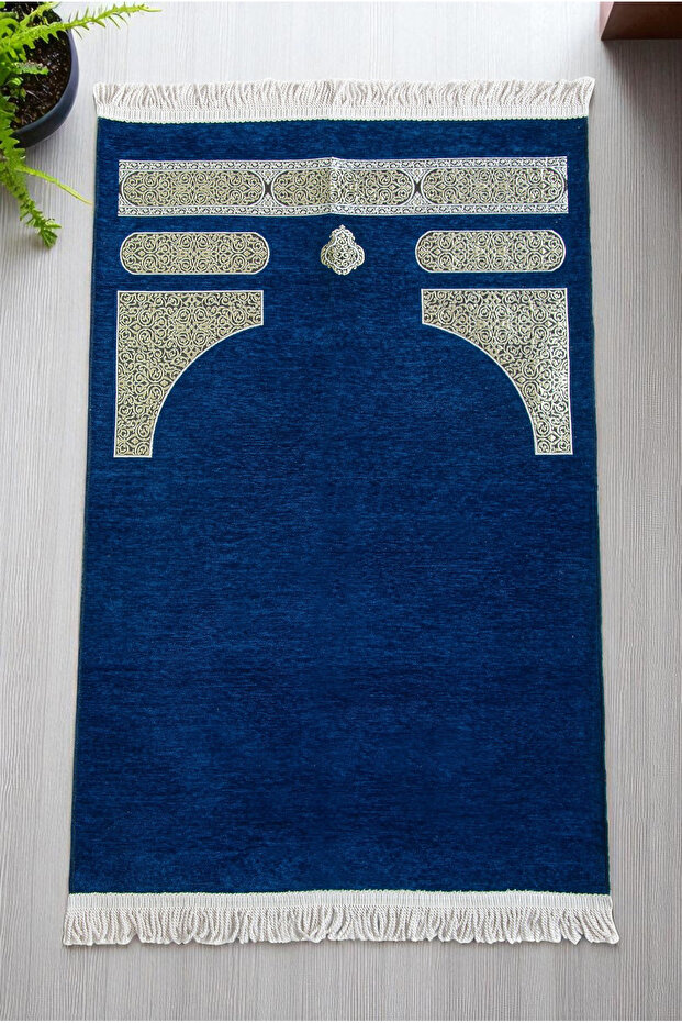 Navy Blue Chenille Prayer Rug with Kabe Pattern and Knitted Tassels