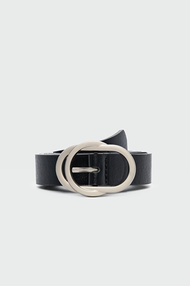 Round Buckle Faux Leather Belt Black