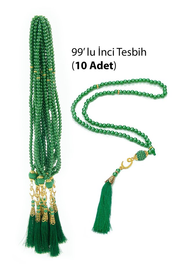 10 Pieces of 99-Beaded Pearl Prayer Beads, with Tassels, Vav Letter, Mevlüt Hajj Umrah Gift - Green