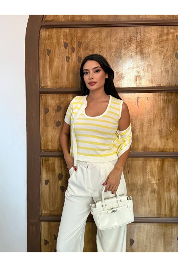 Striped Knitwear Tank Top Cardigan Set