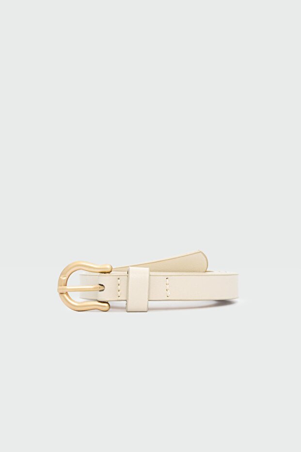 Oval Buckle Thin Faux Leather Belt Cream