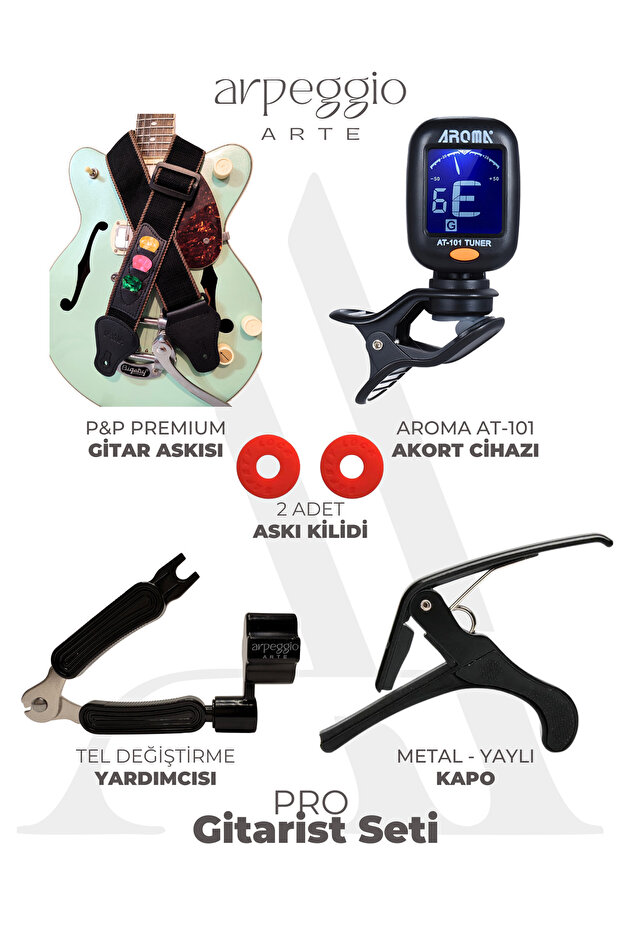 Pro Guitarist Kit – Guitar Strap, Tuner, Capo, String Changing Assistant, Strap Lock