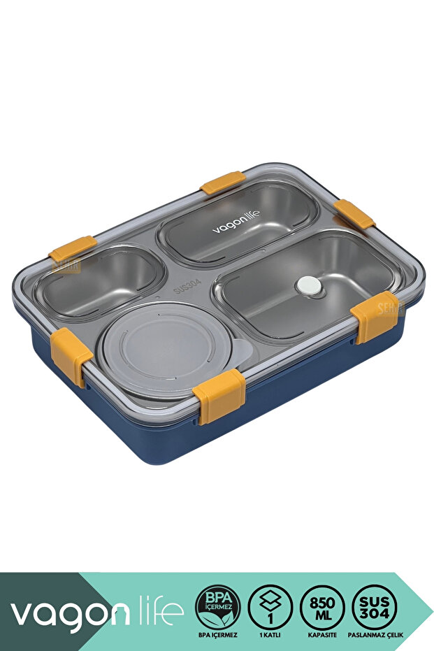 Bento 850ml Lunchbox New Collection Single Layer 4 Compartments and Bowl Steel Lunch Box Food Container