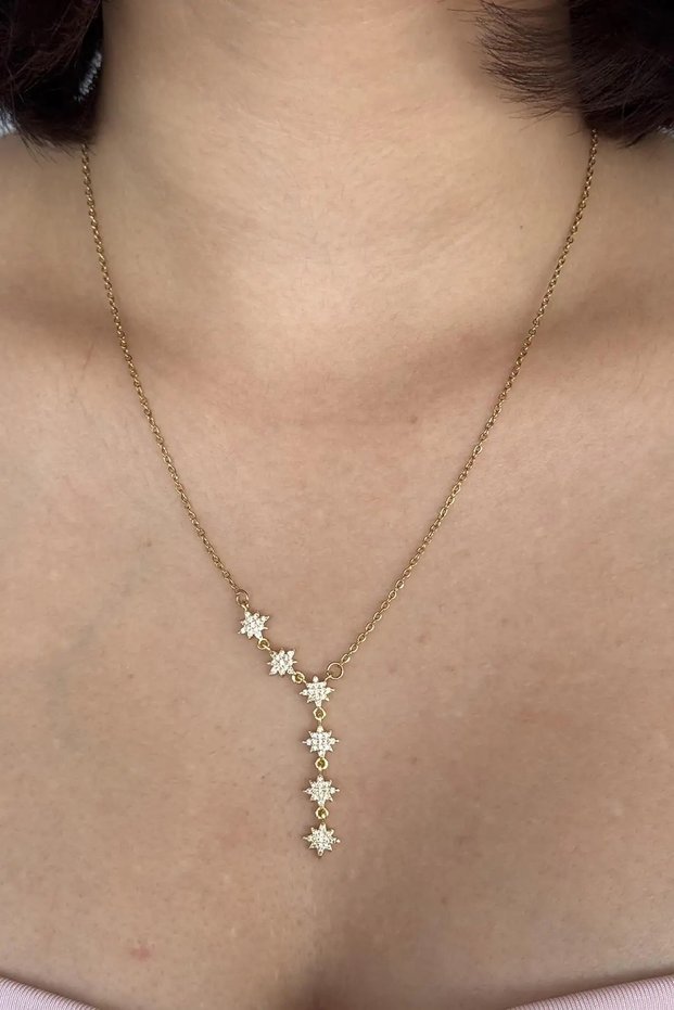 Gold Color Stone-Detail Star-Figured Steel Y Model Necklace