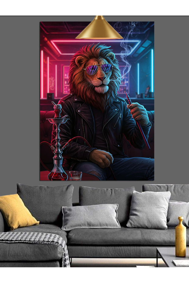 Neon Aslan Ve Nargile Dekoratif Kanvas - Mdf Ahşap Tablo - 1