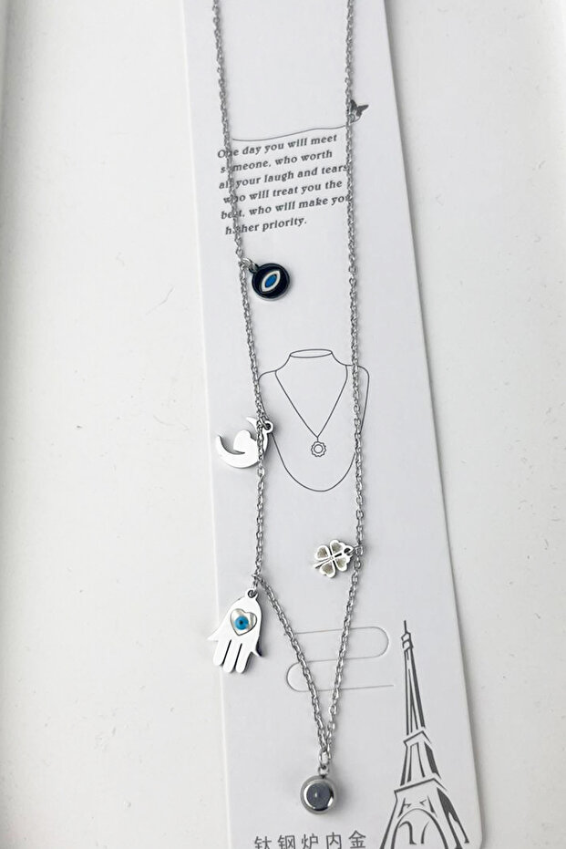 Fatma Ana, Silver Color Steel Necklace with Clover Pendant
