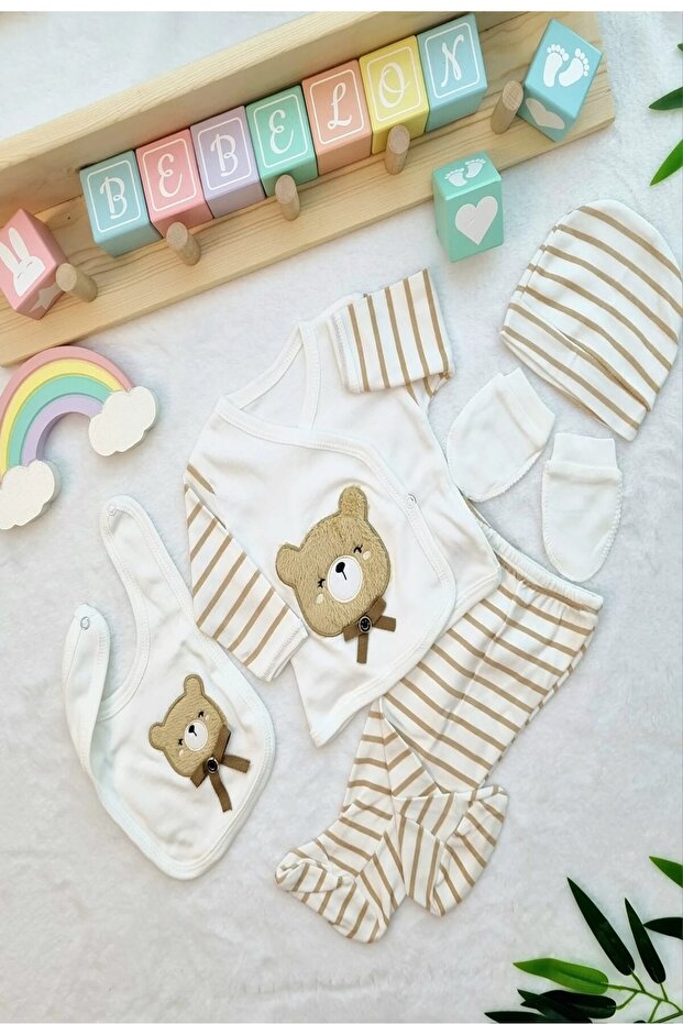 Newborn Baby Boy Striped Teddy Bear Pattern 5-Piece Hospital Discharge Set