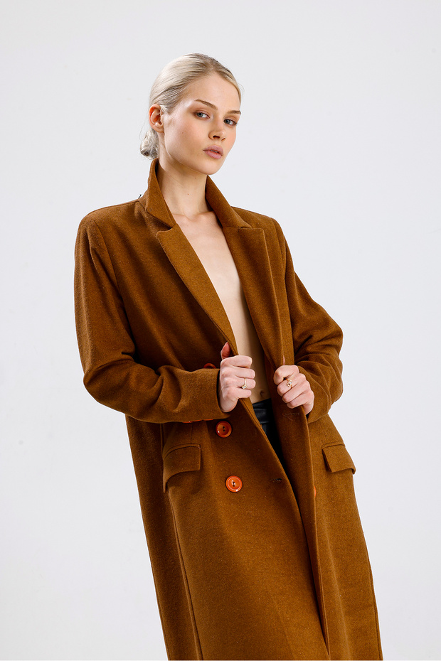 Lined Patterned Long Coat |   Kbn34176 Camel - 4