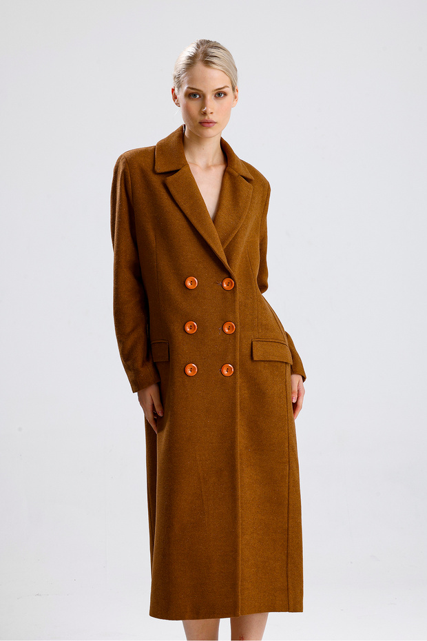 Lined Patterned Long Coat |   Kbn34176 Camel - 1