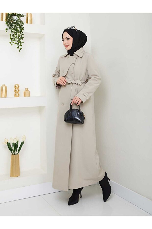 Amazon Keten Degaje Collar Full Length Lined Belted Trench Jeans Beige